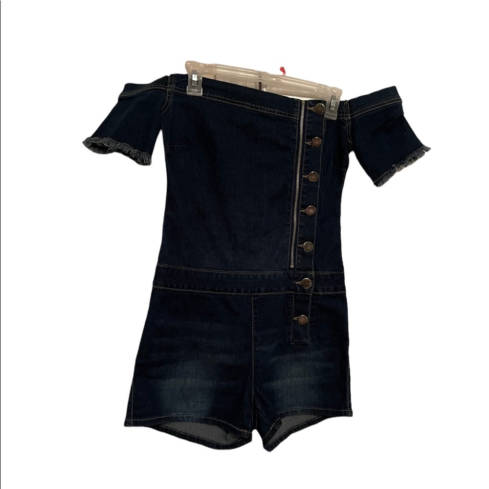 VIP JEANS off shoulder denim stretchy romper with raw hem sleeves size 7/8
